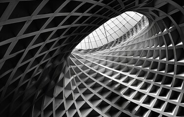 Poster - An abstract black and white image showcasing the intricate geometric structure of a modern building, featuring a skylight that provides a glimpse of the sky.