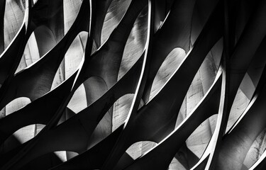 Poster - A black and white photograph of a modern architectural structure, showcasing abstract patterns created by light and shadow on a curved, geometric design.