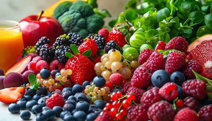 Sticker - Vibrant display of berries, fruits, and vegetables symbolizing health, wellness, and the essence of nutritious living against a clean, neutral backdrop