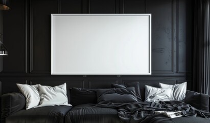 Aufkleber - A modern interior with a black sofa and a blank canvas above it.