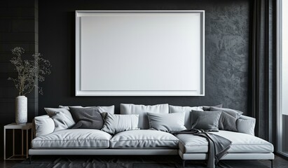 Poster - Mockup of a large framed picture above a sofa in a modern living room.