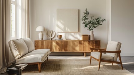 Aufkleber - A minimalist living room with a beige sofa, wooden cabinet and armchair, accented by a natural plant, a lamp and artwork.