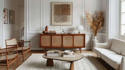 Aufkleber - A minimalist living room interior with mid-century modern furniture, featuring a white sofa, two wooden chairs, a wooden coffee table, and a wooden sideboard.