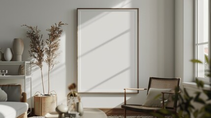 Aufkleber - A minimalist living room with a large blank canvas, a comfortable chair, natural elements, and soft sunlight.
