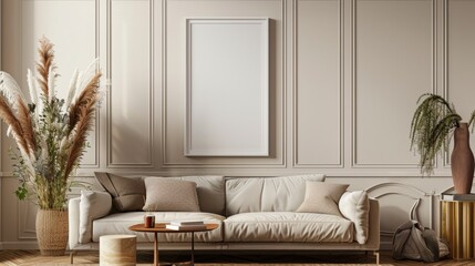 Aufkleber - A contemporary living room with a white sofa, pampas grass, a blank canvas, and wooden accents.