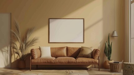 Aufkleber - A modern living room featuring a brown leather sofa, an empty frame, and natural light.