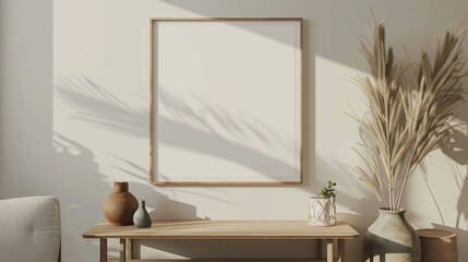 Aufkleber - An empty picture frame rests on a wooden table in a minimalist room with soft, natural lighting.