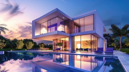 Poster - Luxury modern villa with pool at dusk