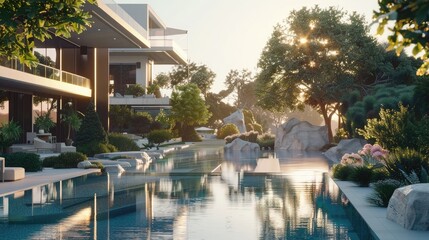 Wall Mural - Luxury residential development with pool, generative ai