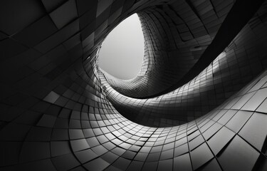 Fototapete - Black and white photo of a spiral shaped building with a small hole in the roof revealing the sky
