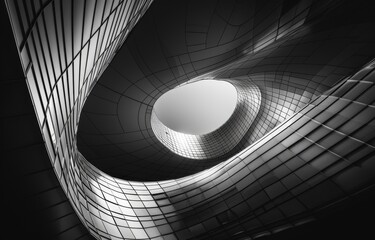 Poster - Abstract black and white photo of a modern architectural design with curved lines and a circular opening in the ceiling.