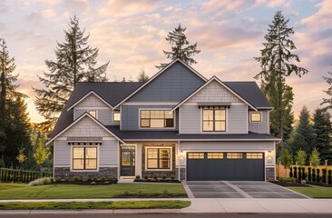 Modern two story house with a grey siding exterior