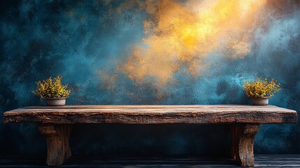 Wall Mural - Dark blue and brown abstract background with a wooden table for product presentation