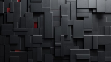Poster - An abstract geometric pattern made of black and red squares with a textured surface, overlapping each other to create a depth and perspective effect.