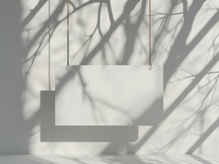 Poster - A blank white sign hanging from twine with tree branch shadows on a white wall.