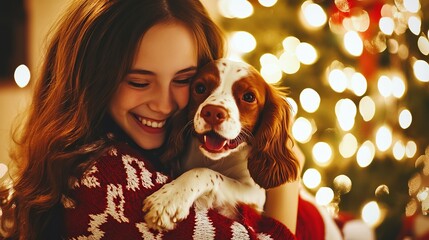 Festive Christmas Celebration with a Girl and Her Joyful Spaniel Dog