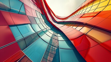 Poster - A close-up view of a modern building's facade, featuring a dynamic interplay of red, blue, and yellow glass panels.