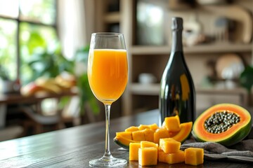 Wall Mural - A Glass of Orange Juice with Mango and Papaya on a Wooden Table