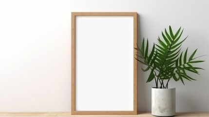 Aufkleber - A blank wooden frame with a potted plant placed on a table against a white wall.