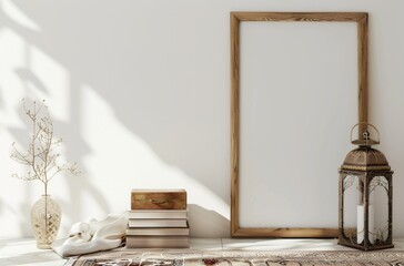 Poster - A minimalist interior design featuring a large wooden frame, stacked books, a brass lantern, and a patterned rug, all set against a white wall.