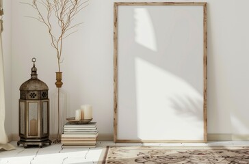 Poster - A minimalist interior design with a large empty frame, a lantern, dried branches in a vase, candles, and a stack of books on the floor.