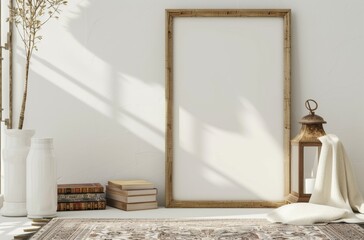 Aufkleber - An empty picture frame leaning against a white wall in a minimalist room decorated with decorative elements.