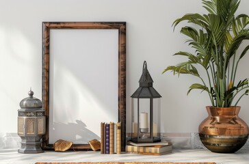 Aufkleber - A framed picture and other decorative elements in a Moroccan style against a white wall.