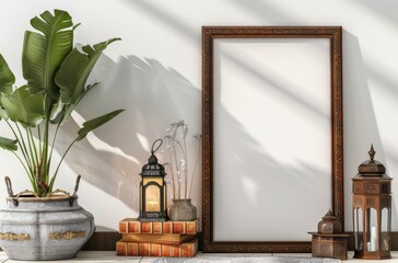 An ornate picture frame with a blank white background,  surrounded by decorative lanterns and a plant in a pot.