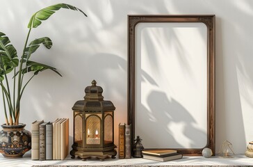 Aufkleber - A still life arrangement featuring an ornate lantern, books, and a wooden frame against a white wall with shadows and light.