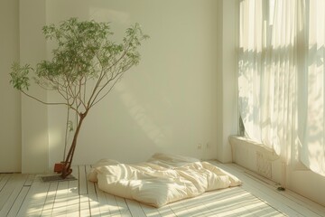 Poster - Minimalist bedroom with sunlight streaming through window