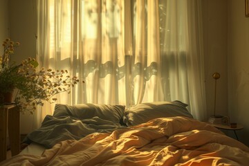 Poster - Cozy bedroom with warm sunlight