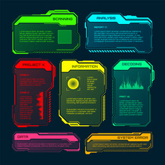 Poster - Futuristic HUD or UI elements. Sci-fi user interface text boxes, callouts. Colorful warning message frame, information boxes template. Modern game interface layout, digital style. Vector illustration