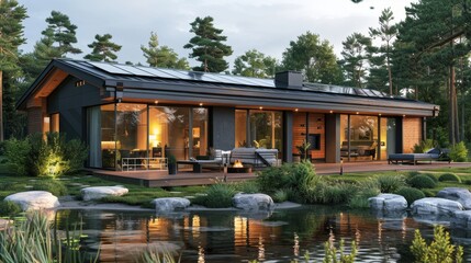 Poster - Modern Architecture,  Ranch Style Home with Pond