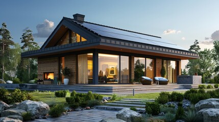 Poster - Modern house with solar panels & garden