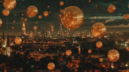 Wall Mural - New Year's Eve & Festive Celebration. 2025 in Golden Balloons: New Year's Eve Celebration with Fireworks Over a City Skyline