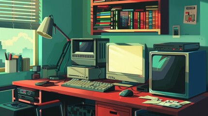 Poster - Pixelated Paradise: A technicolor desktop, with a retro computer and an old-school monitor.