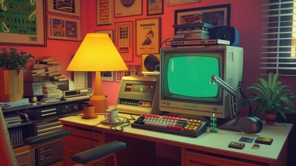Poster - Pixelated Paradise: A technicolor desktop, with a retro computer and an old-school monitor.