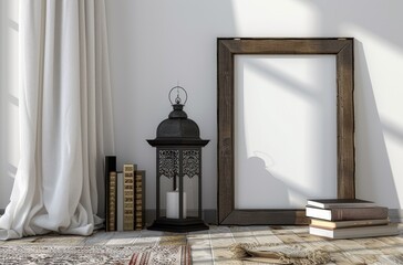 Poster - Modern Interior Mockup with Lantern and Empty Frame