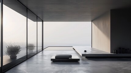 Poster - Minimalist interior design of a modern home with concrete floors, large windows, and a minimalist aesthetic. 