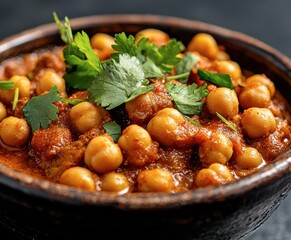 A vibrant bowl of chickpea curry garnished with fresh cilantro, showcasing rich colors and textures that are both appetizing and delightful.