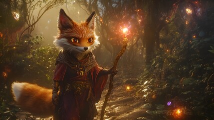 A fantasy fox in an intricate wizard outfit, traversing a magical woodland, with a bright glowing staff casting enchanting light on the surrounding trees and plants 