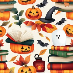 Wall Mural - A vibrant Halloween-themed collage featuring pumpkins, bats, books, leaves, and a ghost.