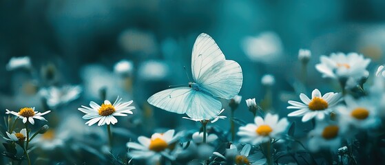 A delicate white butterfly perched on a daisy in a field of wildflowers.