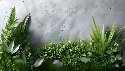 Wall Mural - Decorative gravel and concrete background with lush green grass and textured plant leaves, creating a harmonious blend of nature and modern design