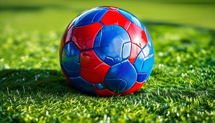 Vibrant blue and red soccer ball resting on lush artificial green grass, capturing the spirit of playfulness and athleticism