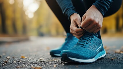 Male runner tying her shoes preparing for a jogging