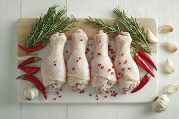 Raw Chicken Drumsticks with Garlic, Chili Peppers, and Rosemary on a Cutting Board