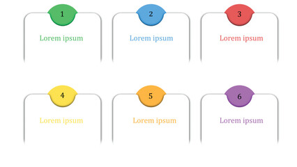 Fototapete - This image features layout with six numbered sections, each containing placeholder text. sections are visually distinct, with colorful headers and clean design, ideal for presentations or.