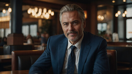 Poster - portrait of a businessman sitting in a restaurant waiting for a meeting with client or an investor