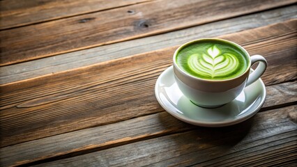 A cup of hot matcha latte resting on a rustic wooden floor